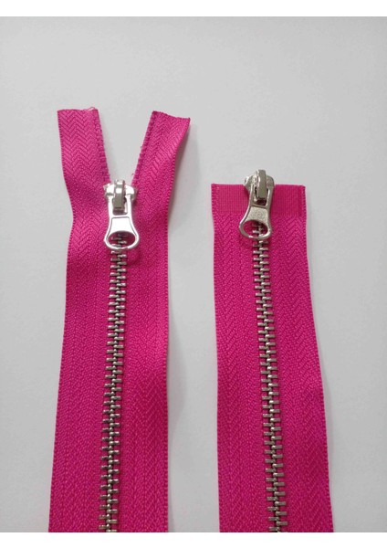 100 cm 1 Adet Çift Kafalı Parlak Gümüş Diş Fuşya Rengi 5 No Metal Kombi Fermuar