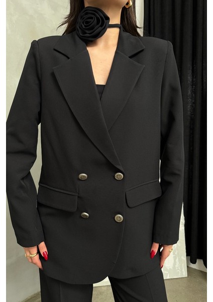 Kadın Ikili Blazer Ceket Pantolon Takım Aksesuar ve Düğme Detaylı Bol Paça fırsatları