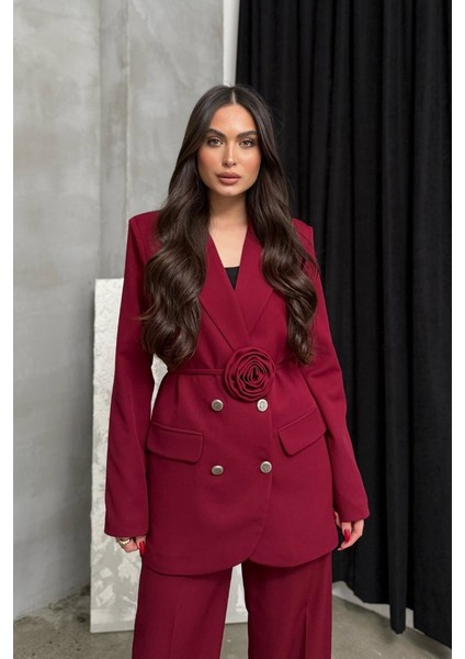 Kadın Ikili Blazer Ceket Pantolon Takım Aksesuar ve Düğme Detaylı Bol Paça fiyatları