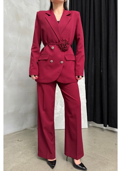 Kadın Ikili Blazer Ceket Pantolon Takım Aksesuar ve Düğme Detaylı Bol Paça modelleri