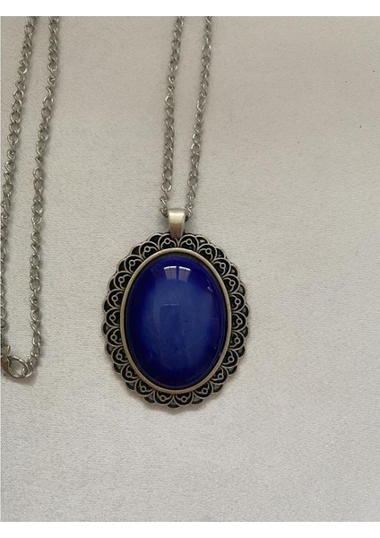Iznik Çini Kolye Mavi Renkli Model El Boyaması Gümüş Renk