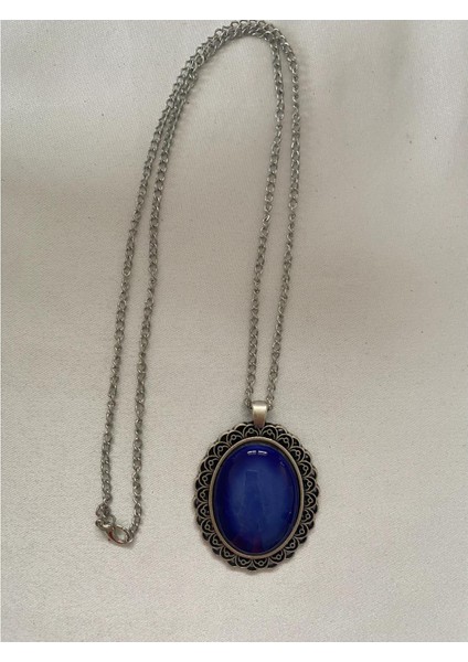 Iznik Çini Kolye Mavi Renkli Model El Boyaması Gümüş Renk