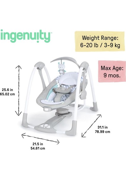 ConvertMe 2'si 1 Arada Kompakt Taşınabilir Otomatik Bebek Salıncağı ve Bebek Koltuğu, Pil Tasarrufu Sağlayan Titreşimler, Doğa Sesleri, 0-9 Ay 3-9 kg (Swell) modelleri