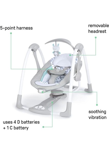 ConvertMe 2'si 1 Arada Kompakt Taşınabilir Otomatik Bebek Salıncağı ve Bebek Koltuğu, Pil Tasarrufu Sağlayan Titreşimler, Doğa Sesleri, 0-9 Ay 3-9 kg (Swell) indirimleri