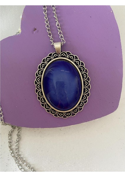 Iznik Çini Kolye Mavi Renkli Model El Boyaması Gümüş Renk
