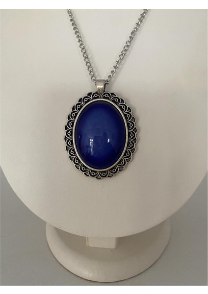 Iznik Çini Kolye Mavi Renkli Model El Boyaması Gümüş Renk