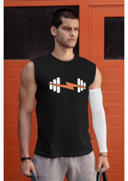 Şimşekli Spor Siyah Kesik Kol / Kolsuz Erkek T-Shirt