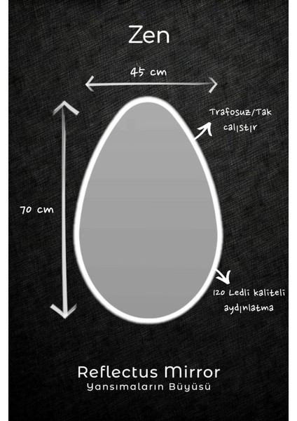Reflectus | Zen Beyaz LED Ayna 70*45 cm / Dekoratif Banyo LED Aydınlatmalı Ayna