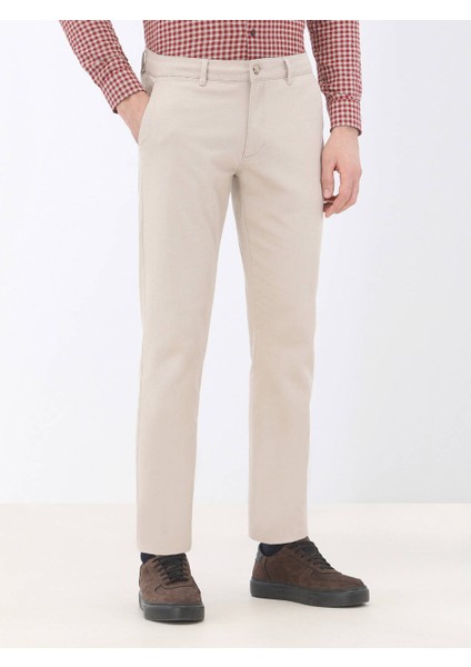 Bej Düz Dokuma Regular Fit Casual Pamuk Karışımlı Pantolon