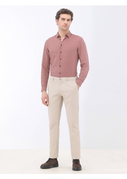 Bej Düz Dokuma Regular Fit Casual Pamuk Karışımlı Pantolon