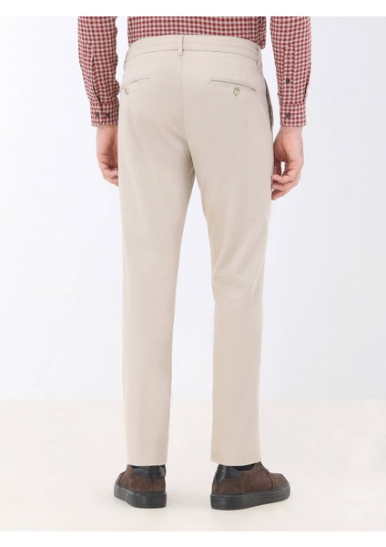 Bej Düz Dokuma Regular Fit Casual Pamuk Karışımlı Pantolon