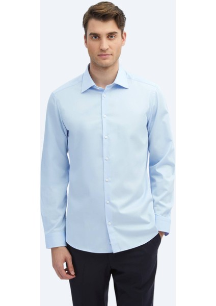 Koyu Mavi Düz Slim Fit Dokuma Klasik %100 Pamuk Gömlek