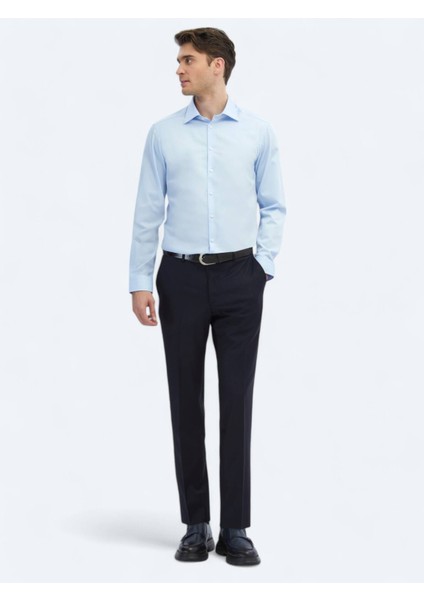 Koyu Mavi Düz Slim Fit Dokuma Klasik %100 Pamuk Gömlek