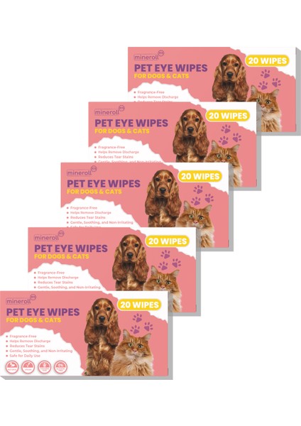 Kedi Ve Köpek Göz Temizleme Mendili, Gözy Lekesi Temizleyici, 5'Li Paket 100 Adet Mendil