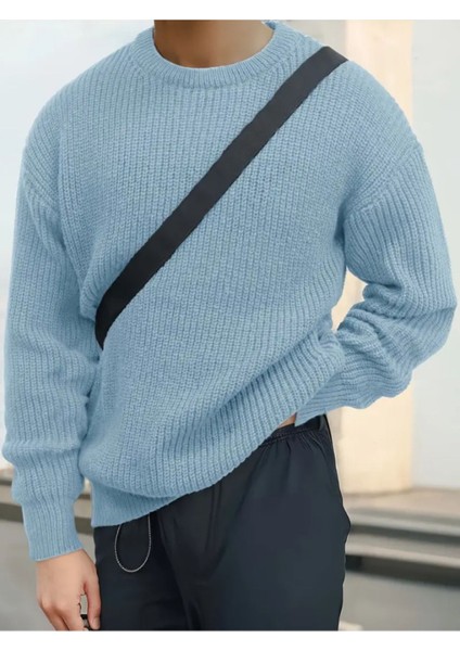 Erkek Mavi Regular Fit Bisiklet Yaka Örgülü Triko