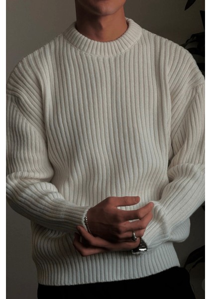 Erkek Beyaz Fitilli Örme Regular Triko Kazak