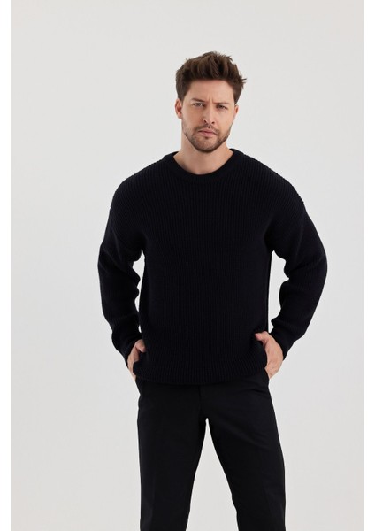 Erkek Lacivert Regular Fit Bisiklet Yaka Örgülü Triko