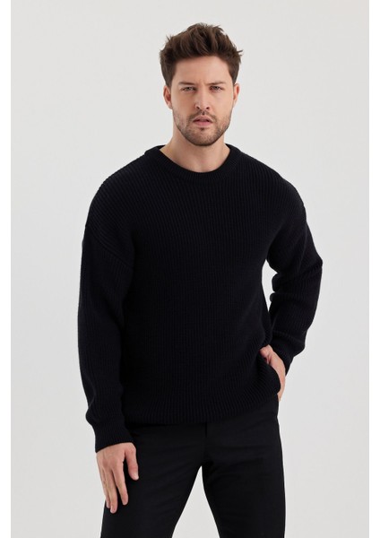 Erkek Lacivert Regular Fit Bisiklet Yaka Örgülü Triko