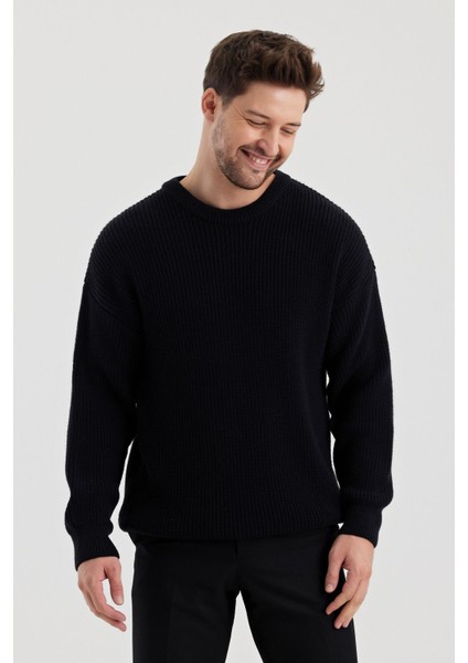 Erkek Lacivert Regular Fit Bisiklet Yaka Örgülü Triko