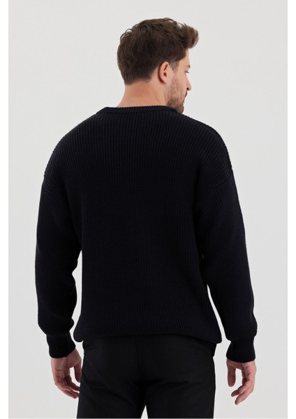 Erkek Lacivert Regular Fit Bisiklet Yaka Örgülü Triko