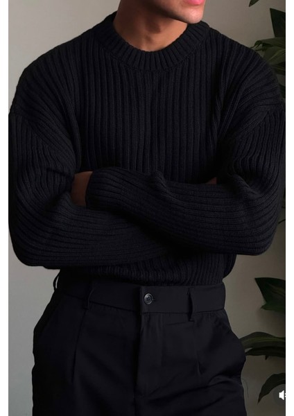 Erkek Siyah Fitilli Örme Regular Triko Kazak