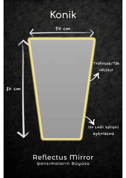 Reflectus | Konik Günışığı LED Ayna 80*50 cm / Dekoratif Banyo LED Aydınlatmalı Ayna