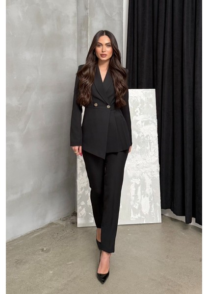 Kadın Ikili Blazer Ceket Pantolon Takım Pile ve Düğme Detaylı Boru Paça