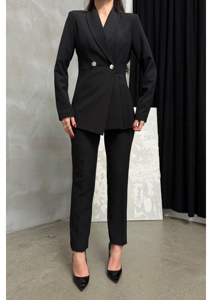 Kadın Ikili Blazer Ceket Pantolon Takım Pile ve Düğme Detaylı Boru Paça fiyatları