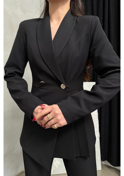 Kadın Ikili Blazer Ceket Pantolon Takım Pile ve Düğme Detaylı Boru Paça modelleri
