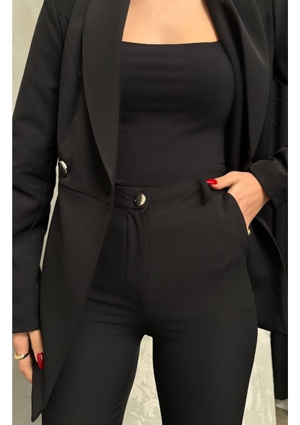 Kadın Ikili Blazer Ceket Pantolon Takım Pile ve Düğme Detaylı Boru Paça fırsatları