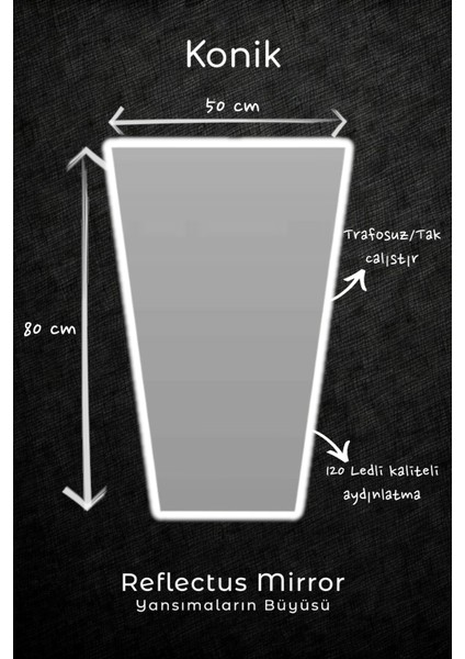 Reflectus | Konik Beyaz LED Ayna 80*50 cm / Dekoratif Banyo LED Aydınlatmalı Ayna