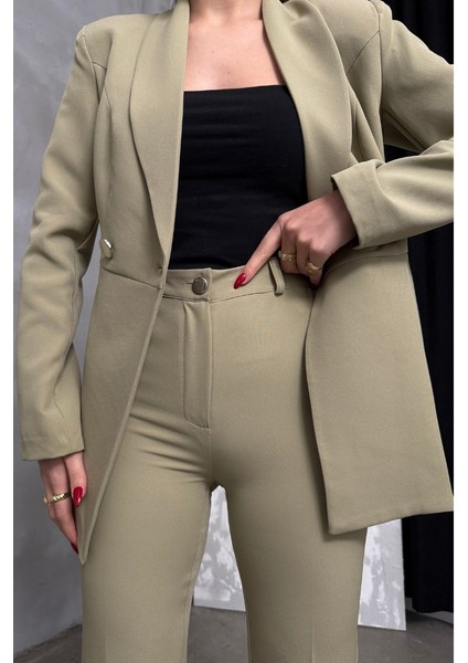 Kadın Ikili Blazer Ceket Pantolon Takım Pile ve Düğme Detaylı Boru Paça