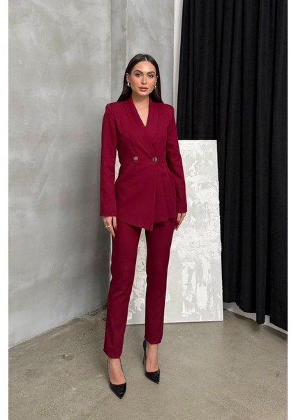 Kadın Ikili Blazer Ceket Pantolon Takım Pile ve Düğme Detaylı Boru Paça