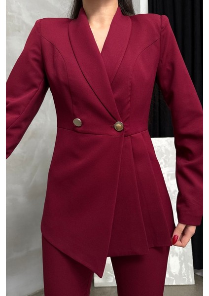 Kadın Ikili Blazer Ceket Pantolon Takım Pile ve Düğme Detaylı Boru Paça