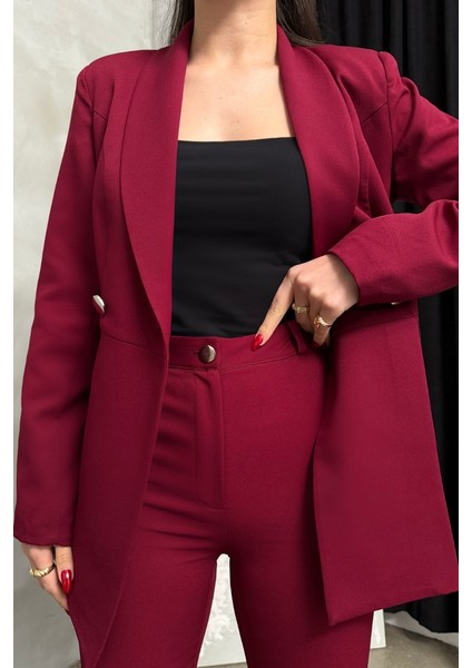 Kadın Ikili Blazer Ceket Pantolon Takım Pile ve Düğme Detaylı Boru Paça