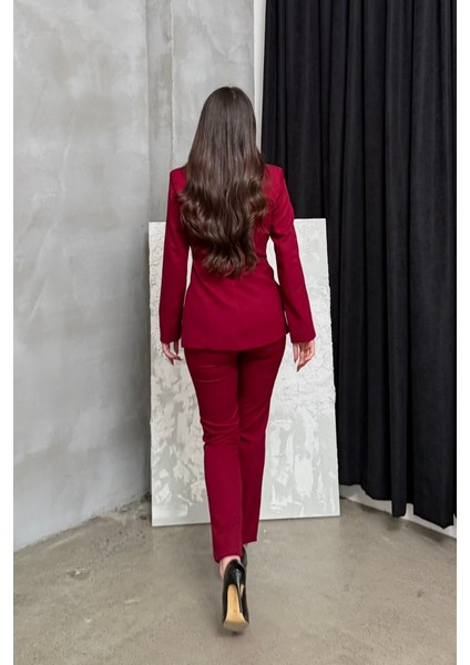 Kadın Ikili Blazer Ceket Pantolon Takım Pile ve Düğme Detaylı Boru Paça