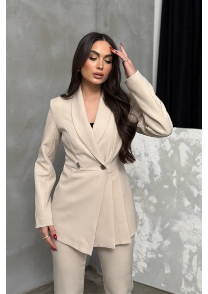 Kadın Ikili Blazer Ceket Pantolon Takım Pile ve Düğme Detaylı Boru Paça fiyatları