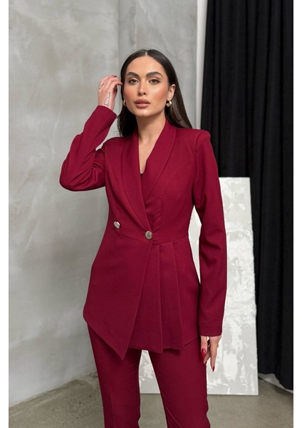 Kadın Ikili Blazer Ceket Pantolon Takım Pile ve Düğme Detaylı Boru Paça