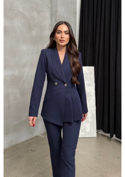 Kadın Ikili Blazer Ceket Pantolon Takım Pile ve Düğme Detaylı Boru Paça