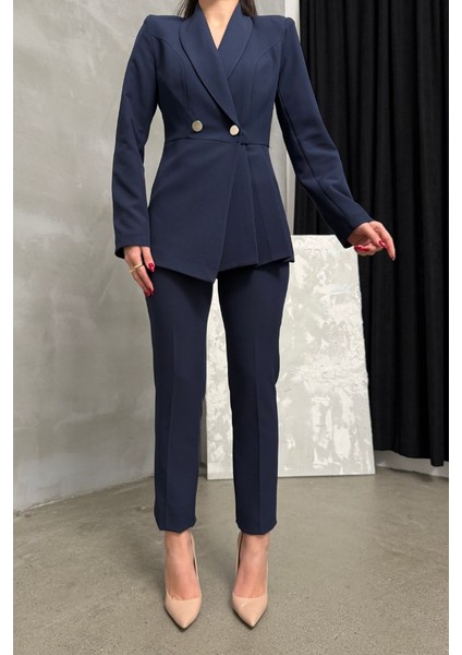 Kadın Ikili Blazer Ceket Pantolon Takım Pile ve Düğme Detaylı Boru Paça