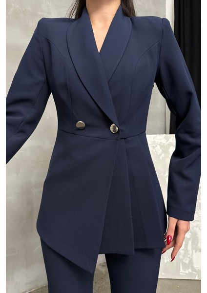 Kadın Ikili Blazer Ceket Pantolon Takım Pile ve Düğme Detaylı Boru Paça