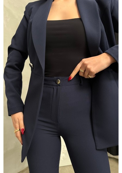 Kadın Ikili Blazer Ceket Pantolon Takım Pile ve Düğme Detaylı Boru Paça