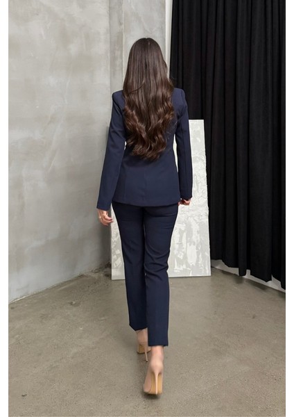 Kadın Ikili Blazer Ceket Pantolon Takım Pile ve Düğme Detaylı Boru Paça