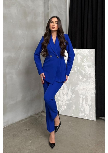 Kadın Ikili Blazer Ceket Pantolon Takım Pile ve Düğme Detaylı Boru Paça