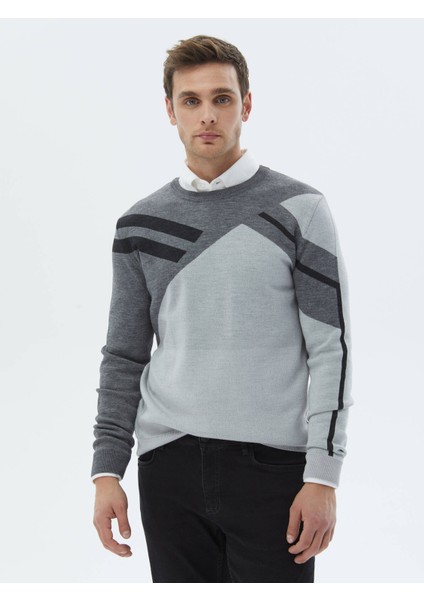 Açık Gri Bisiklet Yaka Desenli Yün Karışımlı Triko Kazak