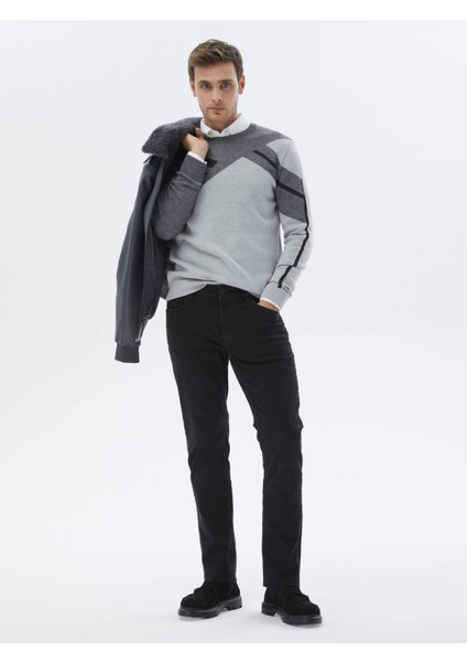 Açık Gri Bisiklet Yaka Desenli Yün Karışımlı Triko Kazak fiyatları