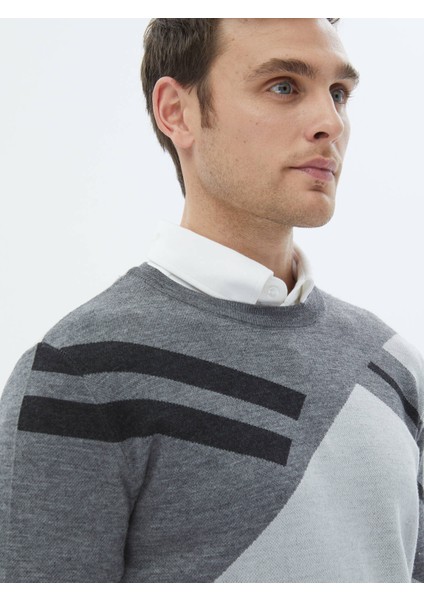 Açık Gri Bisiklet Yaka Desenli Yün Karışımlı Triko Kazak modelleri