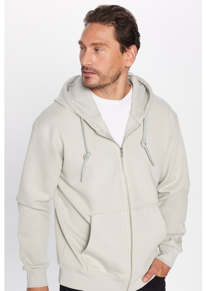 Unisex Relax Fit Rahat Kesim Pamuklu İçi Polarlı Çift Cepli Fermuarlı Taş Renk Kapüşonlu Sweatshirt