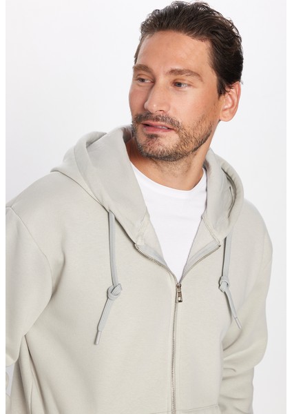 Unisex Relax Fit Rahat Kesim Pamuklu İçi Polarlı Çift Cepli Fermuarlı Taş Renk Kapüşonlu Sweatshirt