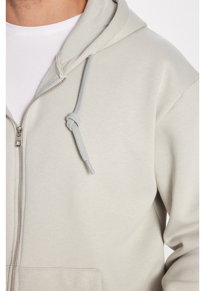 Unisex Relax Fit Rahat Kesim Pamuklu İçi Polarlı Çift Cepli Fermuarlı Taş Renk Kapüşonlu Sweatshirt